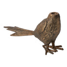 Antique gold metal sculpture of a pheasant with a taper candle holder in place of a head.